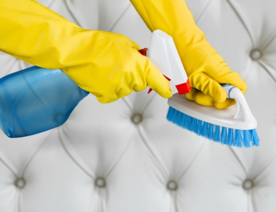 Person with yellow gloves on, holding a windex cleaner and brush